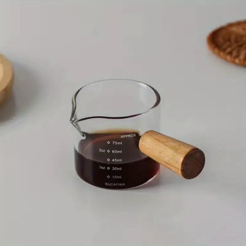 
  
  Double Shot Espresso Glass with Wood Handle - Double Spout for Precise Pouring, Measurement Marks - Perfect for Coffee Lovers & Baristas
  
