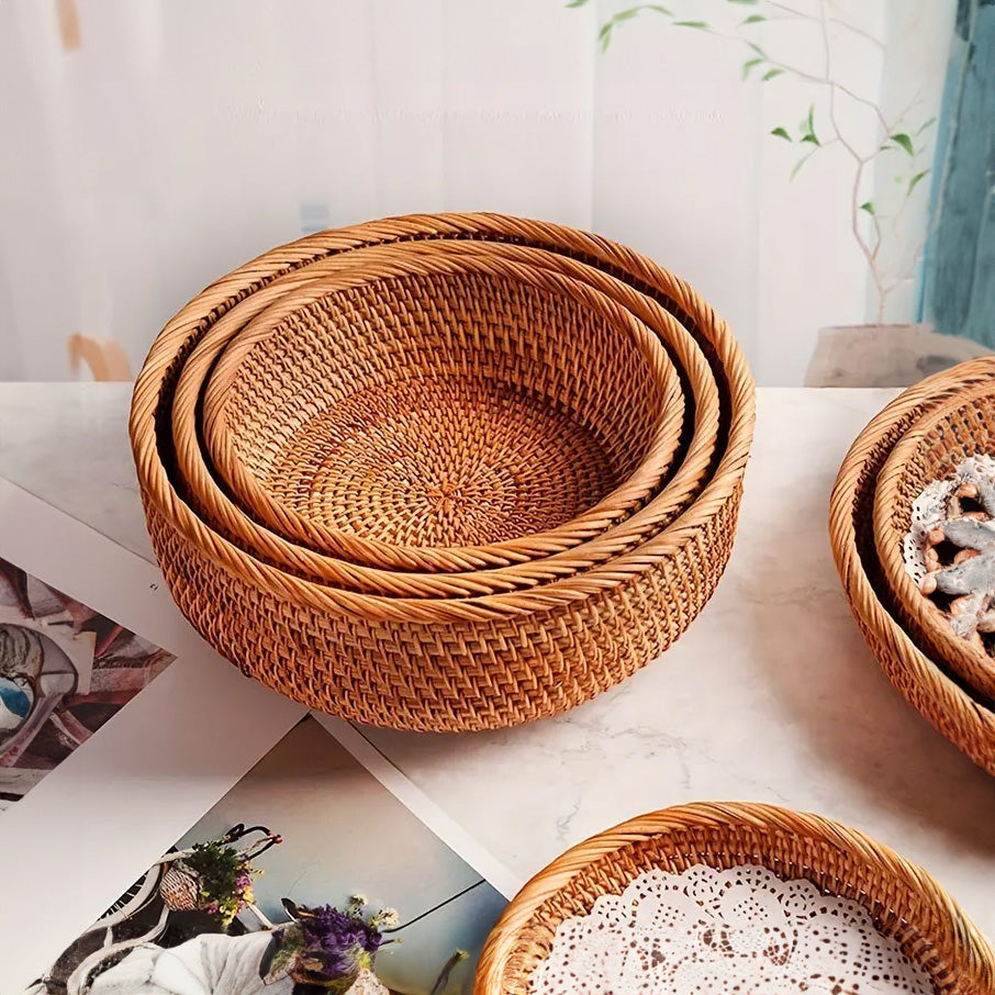 
  
  Handwoven Rattan Storage Baskets - Set of 3 Nesting Wicker Baskets for Home Decor, Bread, Fruit, and Organization
  
