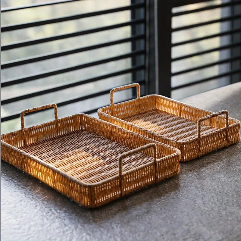 
  
  Rectangular Woven Serving Tray - Farmhouse Decor for Breakfast, Drinks, and Snacks -  Storage Holders - Coffee Table Organizer
  
