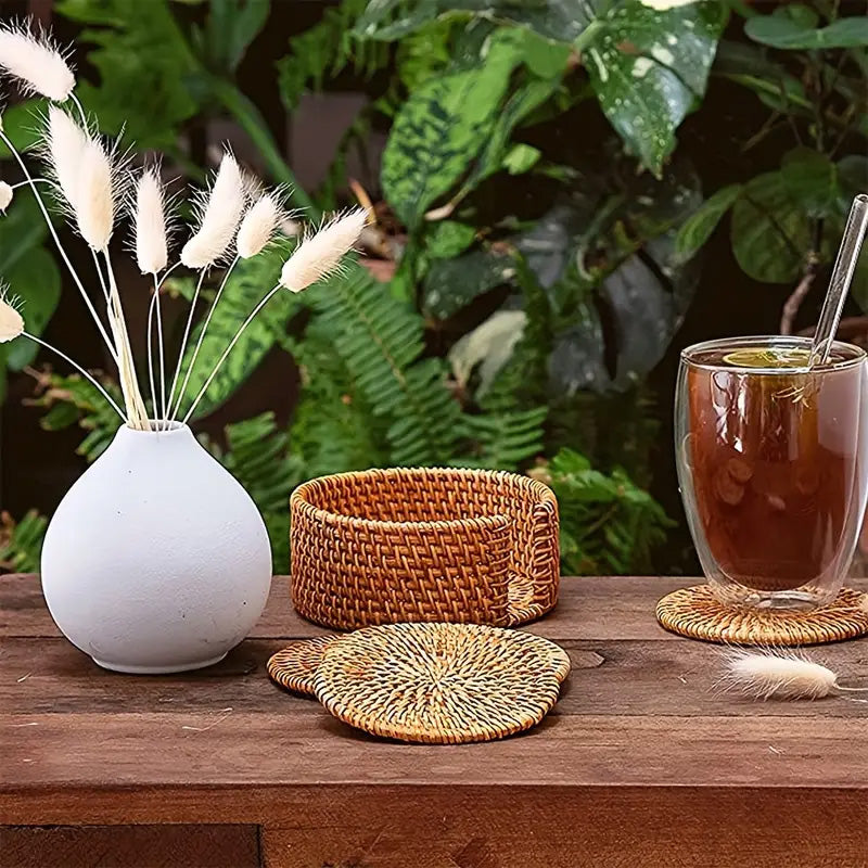 
  
  Natural Rattan Coaster Set with Holder - 6 Piece
  
