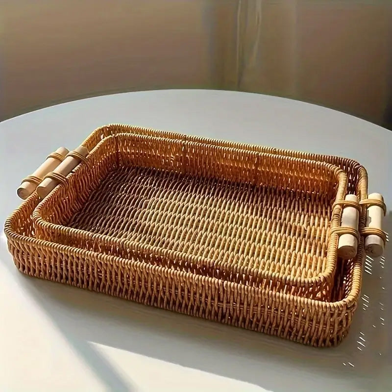 
  
  Hand-Woven Rectangular Tray with Wooden Handles - Elegant Boho Chic Serving Tray for Home Decor, Dining, Parties & Entertaining
  
