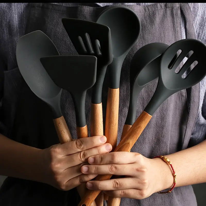 
  
  Modern Minimalist 7pcs Silicone Cooking Utensils Set, Food Grade Baking Tools,  Non-stick Heat Resistant Silicone Wooden Handle  (Black)
  
