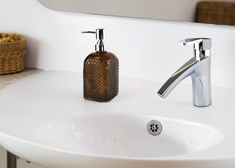 
  
  Mid Century Modern Dimpled Glass Soap Dispenser
  
